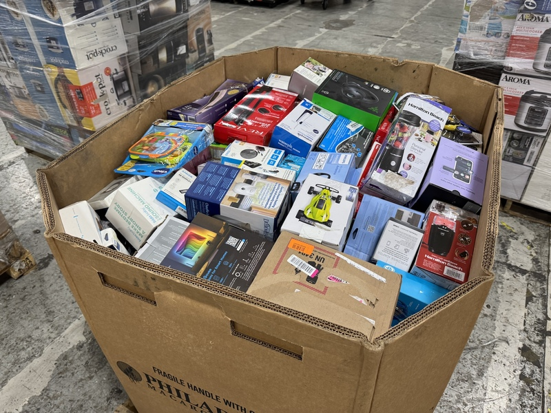 Liquidation pallet containing assorted boxed consumer products